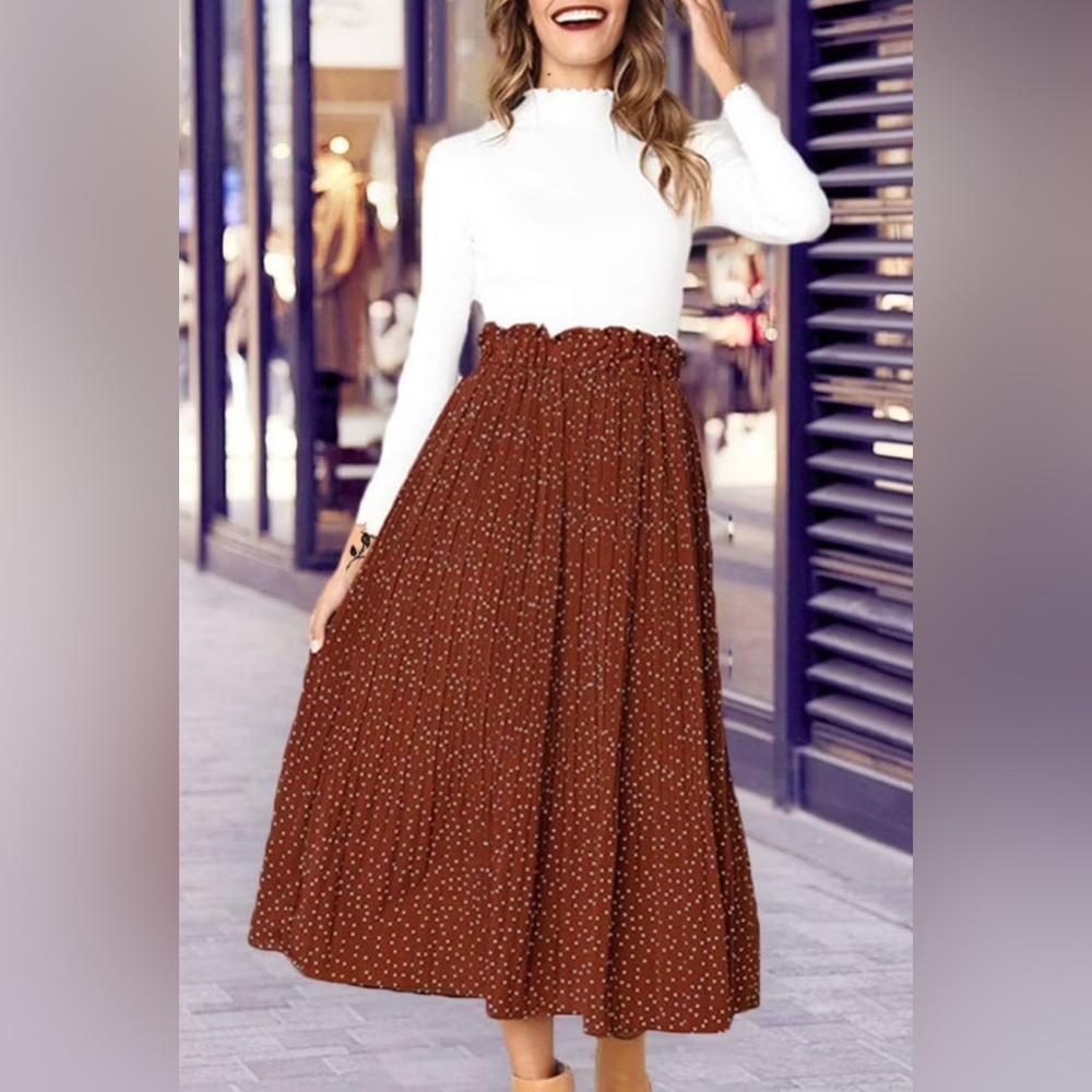 High Waist Polka Dot Flowy Pleated Midi Skirt w Pockets Sz M